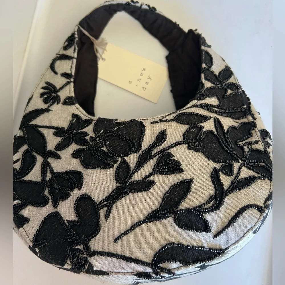 a new day Black Ivory Floral Toille Hobo Bag with Modern  Beaded Design::NWT::